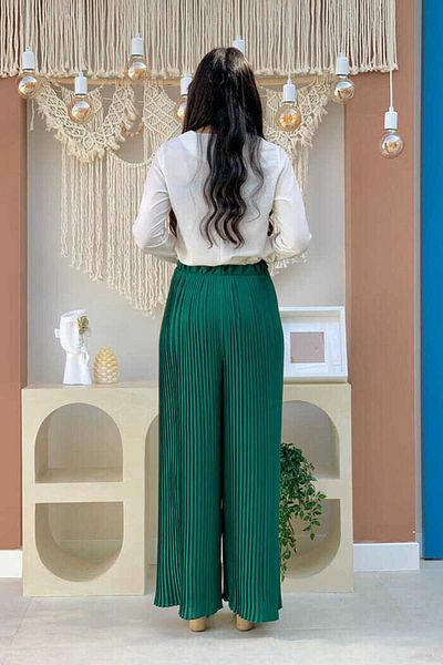 Bym Fashion Παντελόνι με ελαστική μέση με δαντέλα 0129 Emerald
