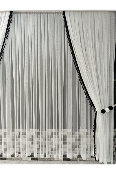 Art Perde Tulle Curtain and Background Curtain Tasseled Background Curtain Set