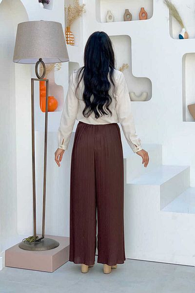 Bym Fashion Παντελόνι με ελαστική μέση με δαντέλα 0129 Καφέ