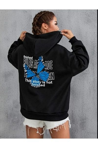 BOHEMGİYİM Hanorac negru oversize cu flori fluture de damă