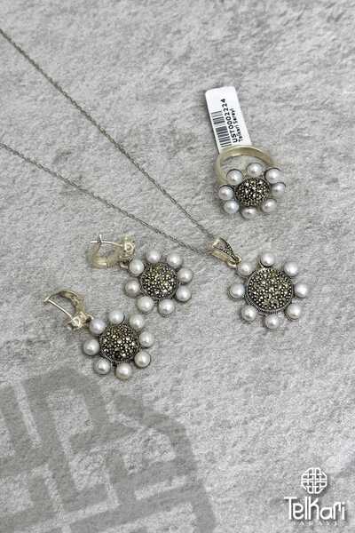telkari sarayı Güneş Model İnci Tanecikli Taşlı Markazit Üçlü Set