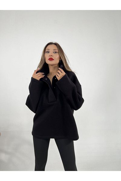 Fame Hanorac oversize de damă, culoare uni, negru cu guler