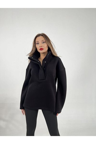 Fame Hanorac oversize de damă, culoare uni, negru cu guler