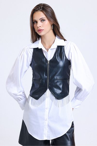 MD trend بدلة مزدوجة بقميص نسائي أسود كبير الحجم بأكمام بالونية وصدرية جلدية مبطنة ومزودة بسحاب