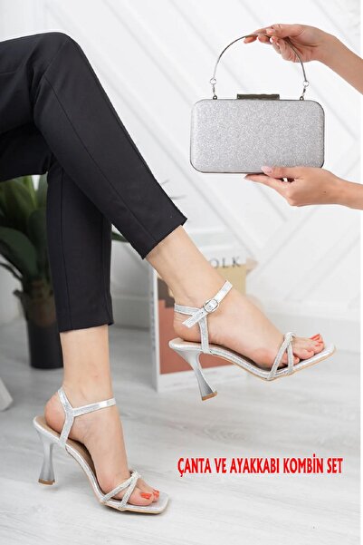 BAKGİY طقم أحذية وحقيبة سهرة فضية لامعة للنساء BG1012-121-0008