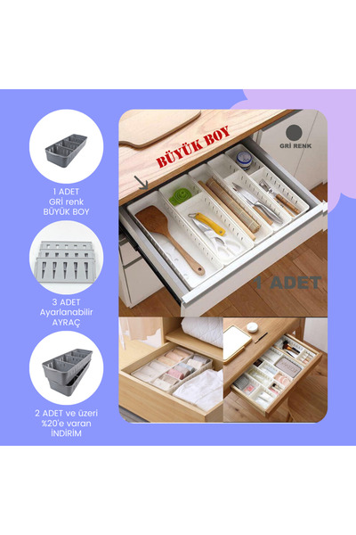 fafatara منظم خزانة قابل للتعديل مع 4 أدراج مقاس كبير لون رمادي 1 قطعة