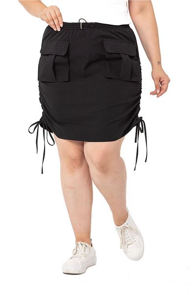 DISENTIS MODEST Large Size Gather Detailed Parachute Mini Black Skirt