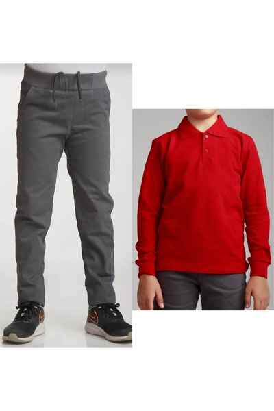 Genel Markalar Unisex Çocuk Gri Okul Pantolonu + Polo Yaka Uzun Kol T-shirt