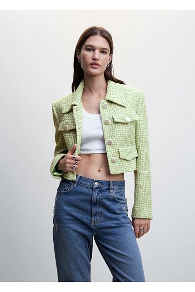 MANGO Woman Jachetă din tweed cu nasturi perle