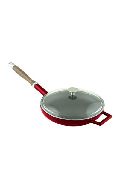 Lava Döküm Kızartma Tavası Çap(Ø) 28cm. Ahşap Saplı Glaze Kırmızı