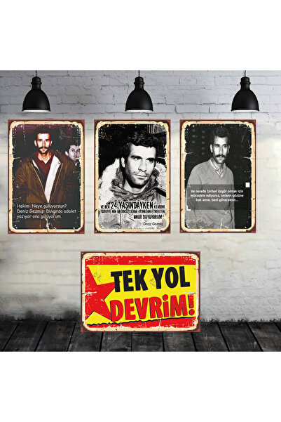 TAKIFİX Deniz Gezmiş Tek Yol Devrim Seti 4 Adet 20x30 Cm Retro Ahşap Tablo