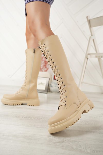 Tolgado Lace-up Side Zippered Nude Leather Casual Women's Boots