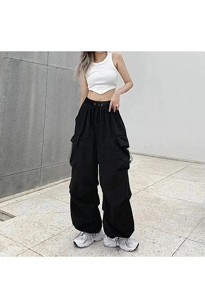 Gofeel Tactical Black Oversize Baggy Pants - Cargo Pocket and Elastic