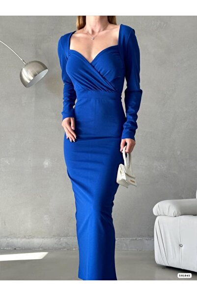 Varyete Kruvaze Yaka Yırtmaç Detay Bilek Boy Krep Kumaş Abiye Elbise Düğün Ni...