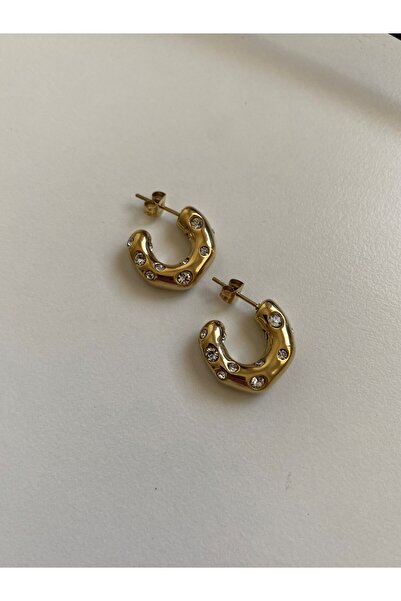 Owentis Çelik Gold Taşlı Yarım Halka Grecia Küpe -kararma yapmaz-