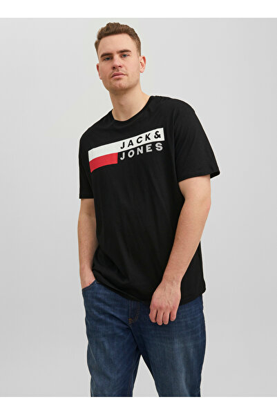 Jack & Jones Tricou negru cu imprimeu pentru bărbați, cu gât în formă de O, J...