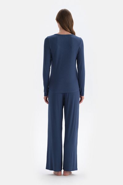Dagi Indigo Ribbed Camisole Round Neck Knitted Pajama Set