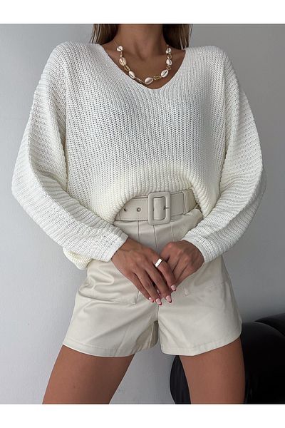 fiolin Pulover de damă alb cu decolteu în V Thessaloniki Knit Oversize Tricotaj