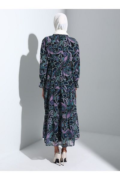 Refka Tied Collar Chiffon Relaxed Fit Hijab Dress - Green Lilac Flower Pattern - Refka Woman