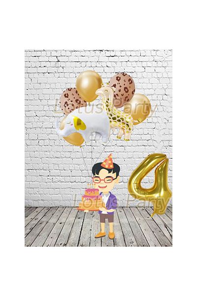 LOTUS PARTY Σετ μπαλονιών με θέμα τα ζώα Safari 4 ετών Elephant - Giraffe and Gold Foil Balloon Giraffe Printed Balloon