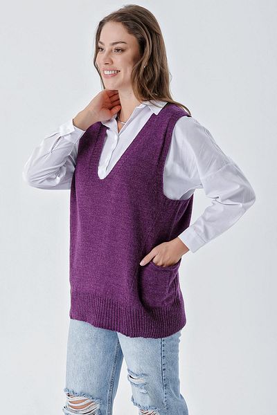 CHUBA Women's V-Neck Comfortable Fit Double Pocket Asymmetrical Stitching Detailed Knitwear Sweater Purple 24W118