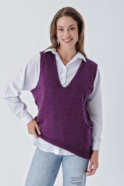 CHUBA Women's V-Neck Comfortable Fit Double Pocket Asymmetrical Stitching Detailed Knitwear Sweater Purple 24W118