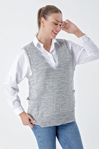 CHUBA V-Neck Knitwear Sweater with Asymmetric Stitching Detail - Comfortable Fit, Double Pocket, Gray 24W118