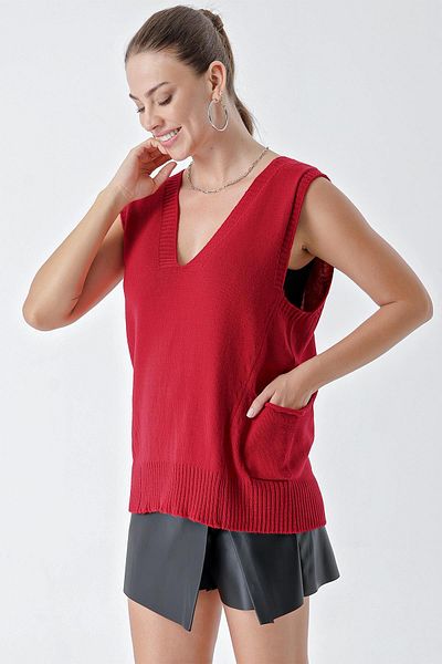 CHUBA Red Knitwear Sweater - V-neck, Comfortable Fit, Double Pocket, Asymmetric Stitching Detail 24W118