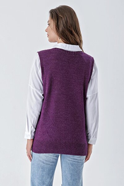 CHUBA Women's V-Neck Comfortable Fit Double Pocket Asymmetrical Stitching Detailed Knitwear Sweater Purple 24W118