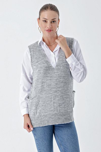 CHUBA V-Neck Knitwear Sweater with Asymmetric Stitching Detail - Comfortable Fit, Double Pocket, Gray 24W118