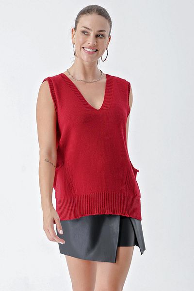 CHUBA Red Knitwear Sweater - V-neck, Comfortable Fit, Double Pocket, Asymmetric Stitching Detail 24W118