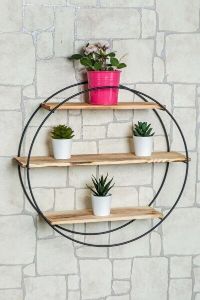 METROPOLAVM Yakma Ahşap 3 Raflı Metal Yuvarlak Raf Dekorasyon Duvar Rafı Siyah