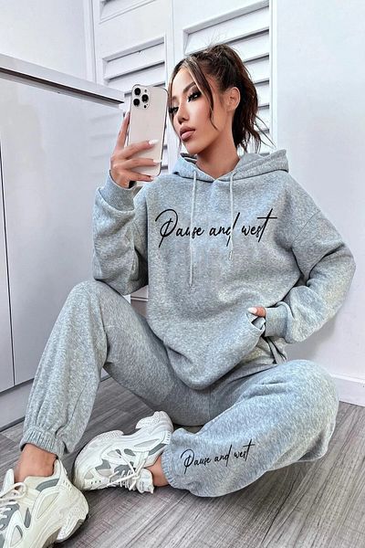 ronay butik Pause Hooded Combination Bottom Top Tracksuit Set - Gray Printed Oversize Rubber Legs