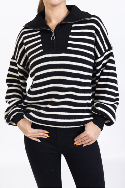 macharelbasic Pulover de damă, în dungi, cu detaliu cu fermoar pe guler