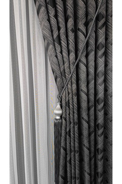 Yuka Crown Panel Background Curtain Anthracite Light Gray Geometric Patterned Single Sash Closely Pleated Jacquard Semi-Glossy
