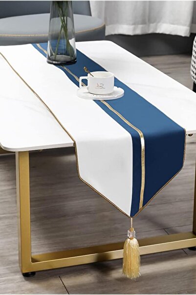 Bc Home Altın Biyeli Deri Aksesuarlı Runner - Lacivert (40 X 140 CM)