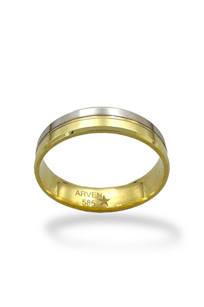 MaGold İki Renkli Kibrit Çöpü Taşsız 14 Ayar Altın Alyans Yüzük