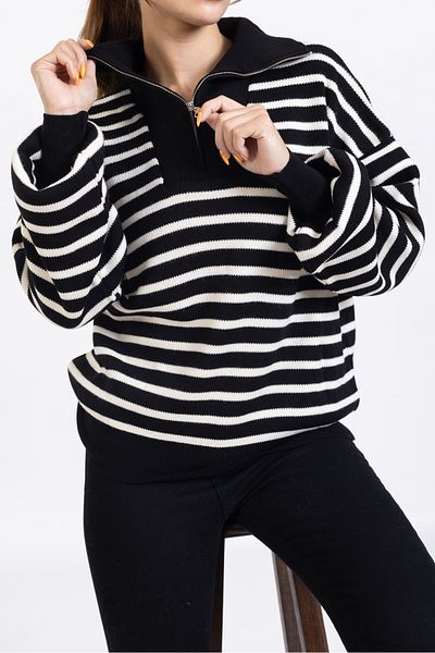 macharelbasic Women's Striped Knitwear Sweater with Zipper Detail on the Collar