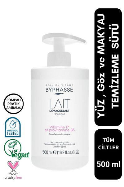 BYPHASSE Augen-, Gesichts- und Make-up-Reinigungsmilch, praktische Pumpverpackung für alle Hauttypen, 500 ml