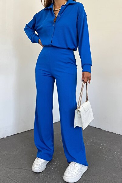lovebox Women's Seersucker Oversize Design Shirt and Trousers Blue Double Suit 10786