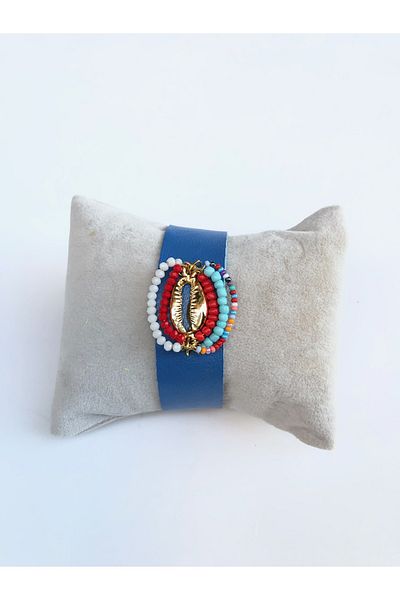 AGG TASARIM Blue Seashell Beaded Snap Fastener Leather Bracelet