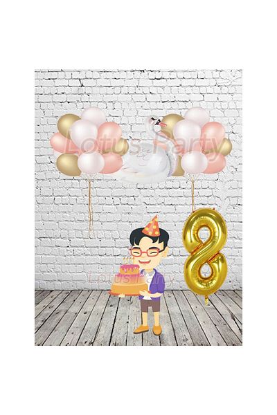 LOTUS PARTY Σετ πάρτι γενεθλίων με θέμα το 8 χρονών - Swan Foil Balloon Gold Color Number Foil Balloon