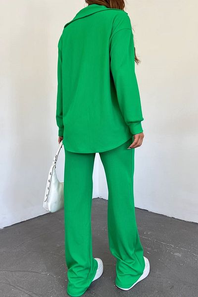 lovebox Cămașă și pantaloni cu design supradimensionat Seersucker pentru femei Costum dublu verde 10786