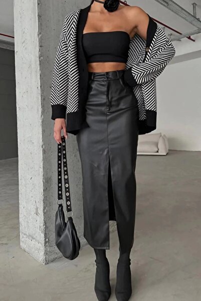 Eka Γυναικεία δερμάτινη φούστα με μαύρο σκίσιμο και λεπτομέρειες 0999-2202