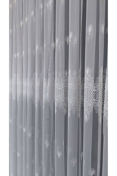 Yuka Grecian Background Sprinkled Embroidery Luxury Pattern 1/3 Close Pleat Ecru Tulle Curtain Wrinkle-Free No Ironing Leaded Skirt
