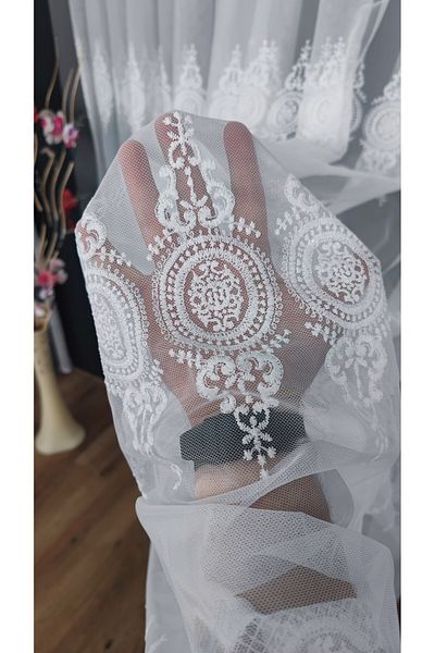 Yuka Grecian Background Sprinkled Embroidery Luxury Pattern 1/3 Close Pleat Ecru Tulle Curtain Wrinkle-Free No Ironing Leaded Skirt