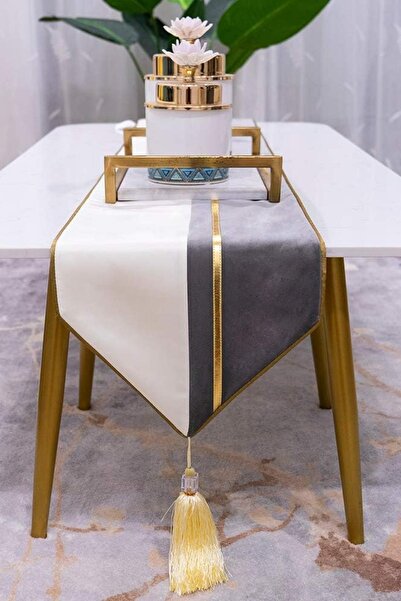 Bc Home Altın Biyeli Deri Aksesuarlı Runner - GRİ (40 X 140 CM)