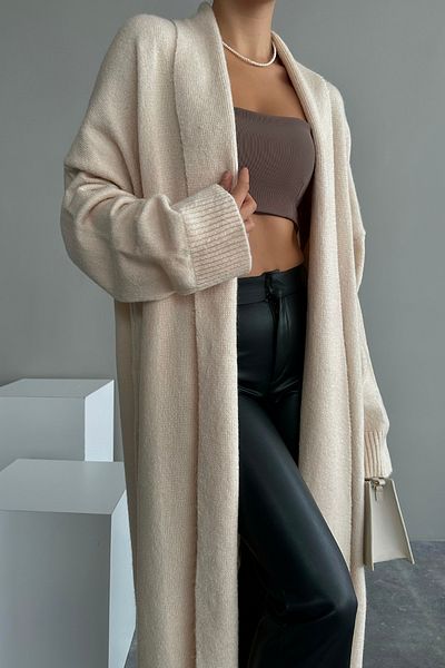 LOOSH Cardigan lung de tricotaj cu guler șal vanilie pentru femei