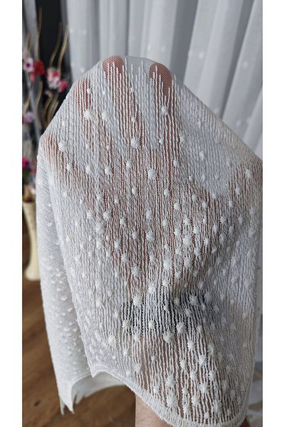 Yuka Grecian Background Sprinkled Embroidery Luxury Pattern 1/3 Close Pleat Ecru Tulle Curtain Wrinkle-Free No Ironing Leaded Skirt