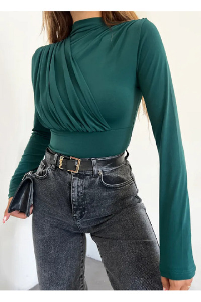 DENİKK Df11 Γυναικεία μακρυμάνικη μπλούζα μοντέρνα φορμάκι με ντραπέ μπροστά